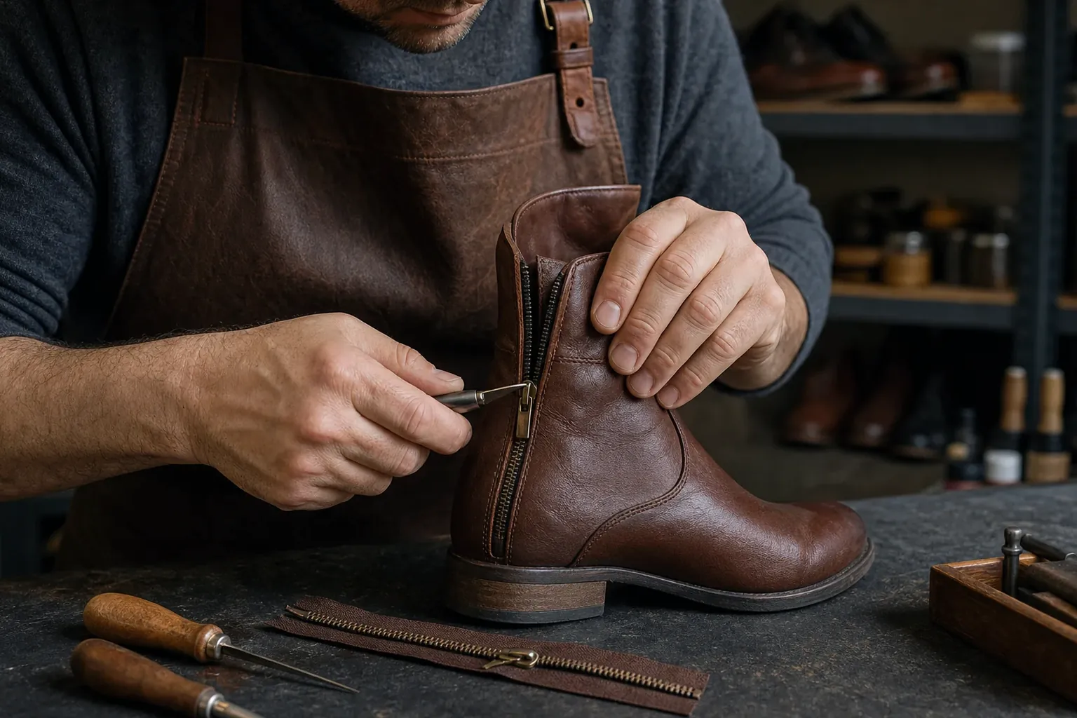 Sapateiro trabalhando para consertar o zíper de uma bota.